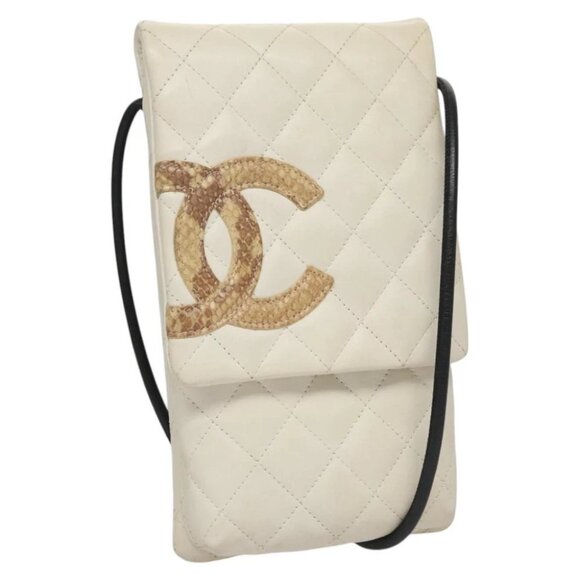 CHANEL Cambon Line Shoulder Bag Leather White Black Silver CC - Picture 1 of 14